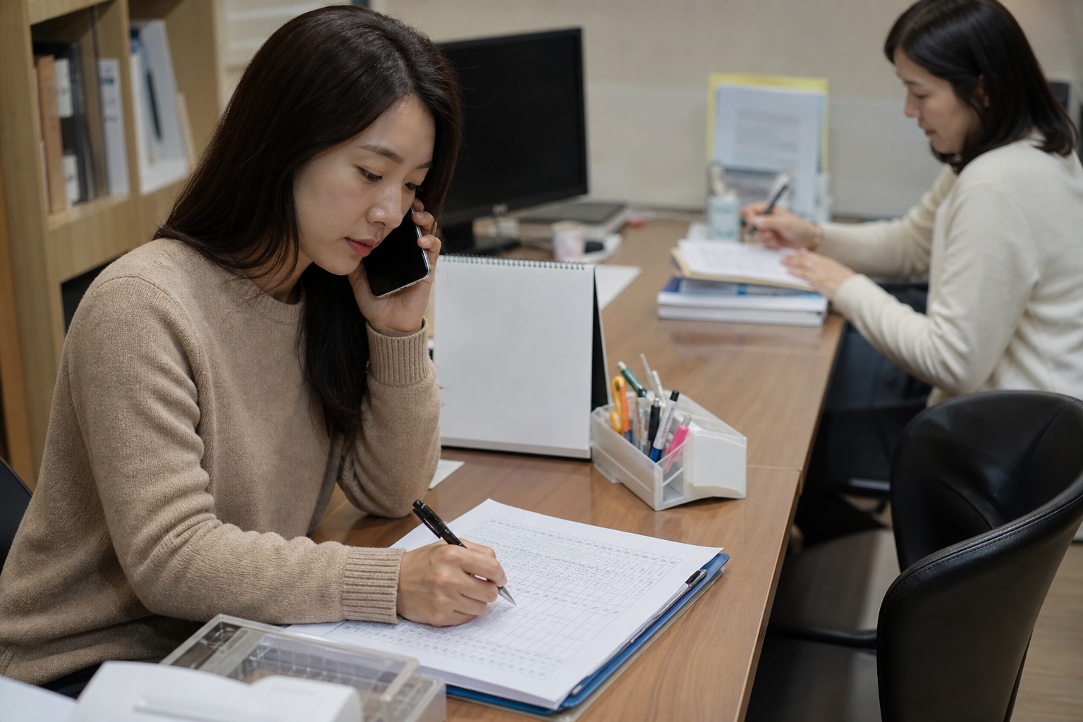학원 직원이 상담 시작 전 학부모에게 확정 전화를 하며 체크리스트를 기록하는 실사진형 장면