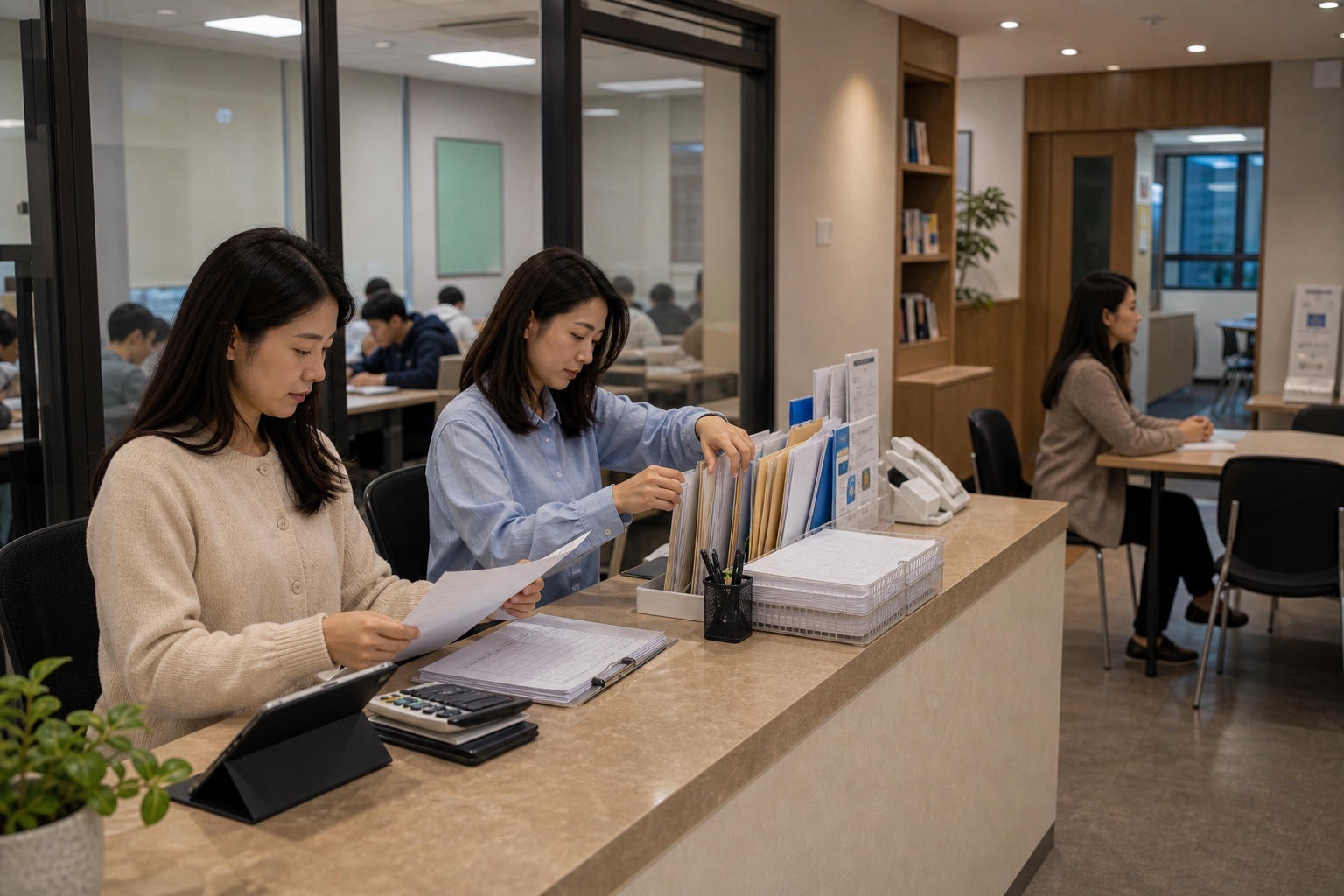 학원 데스크에서 월말 수납 정산 파일과 확인표를 정리하는 실사진형 운영 장면