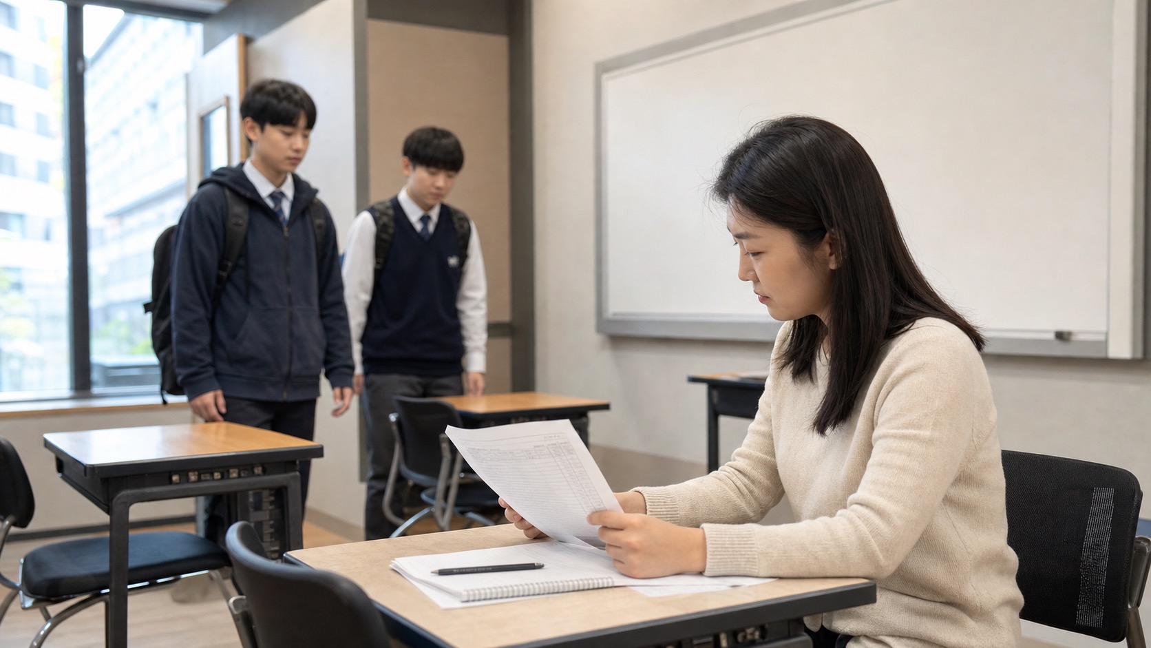 신규반 교실에서 강사가 첫 주 출결표를 확인하는 실사진형 학원 운영 장면
