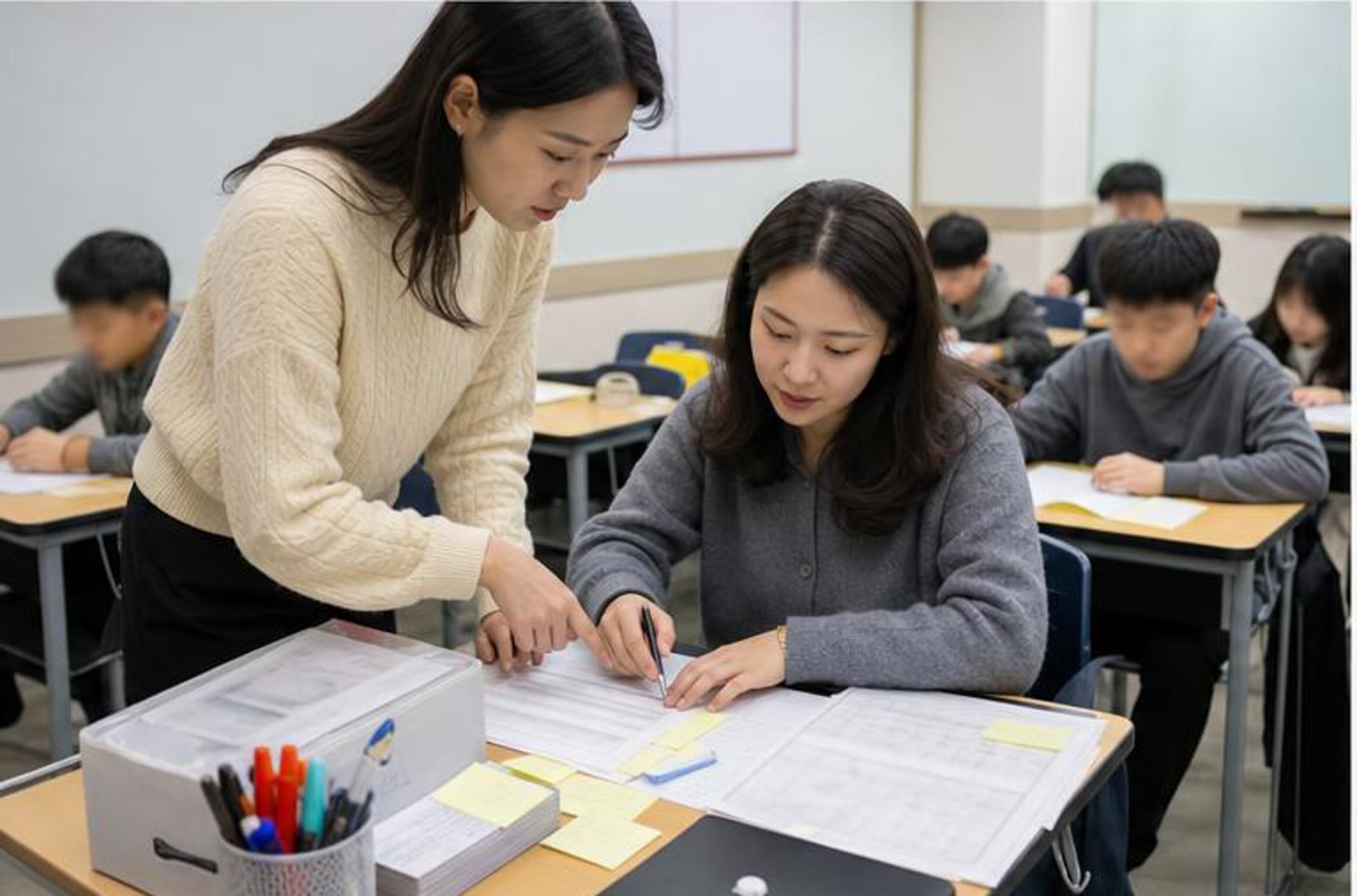 교실에서 강사와 데스크 직원이 보강 후보 시간과 좌석을 조정하는 실사진형 장면