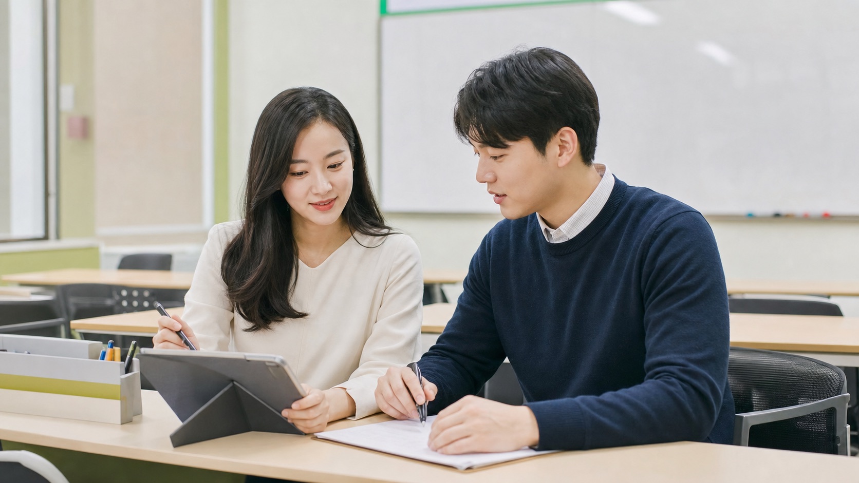 학원 운영 데스크에서 학부모 문의 기록과 출결표를 정리하는 실사진형 장면