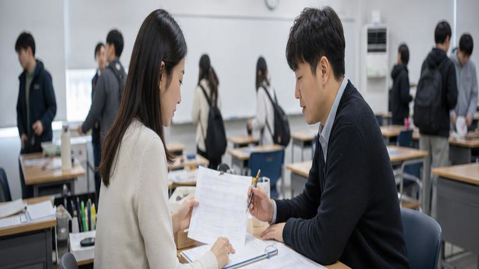 강사와 데스크 직원이 학부모 상담 메모를 함께 확인하는 실사진형 교실 장면