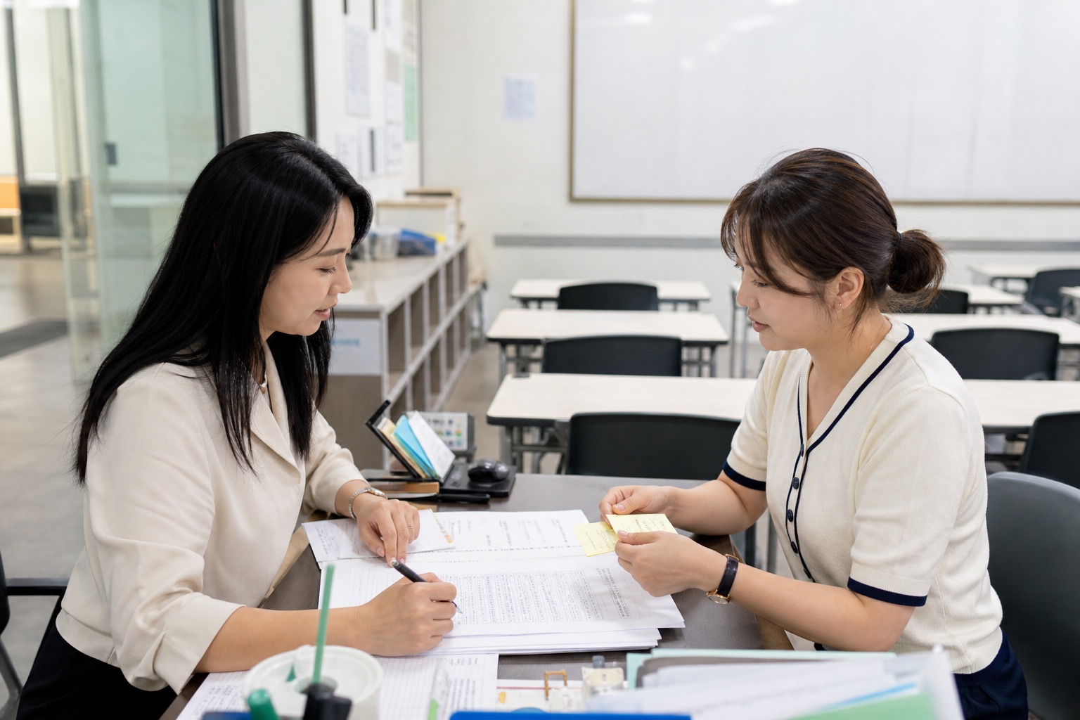 학원 교실에서 강사와 데스크 담당자가 대체 수업 명단과 메모를 확인하는 모습