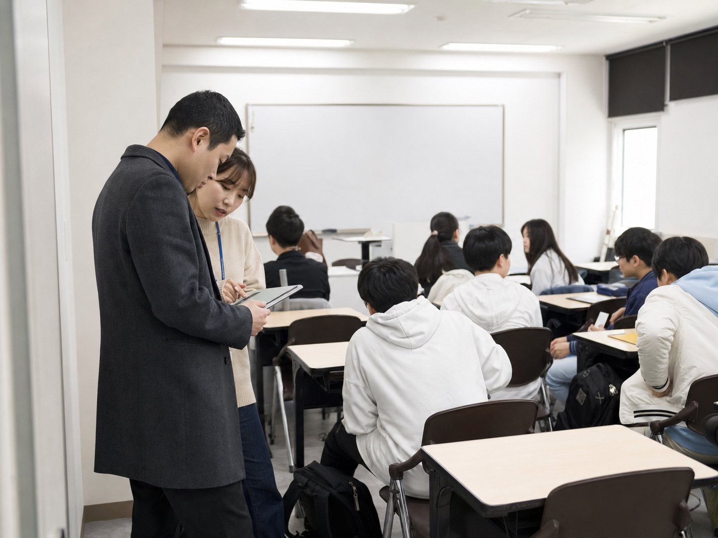 신규반 첫 수업 전 학원 교실에서 출석 상태를 확인하는 실사진형 장면
