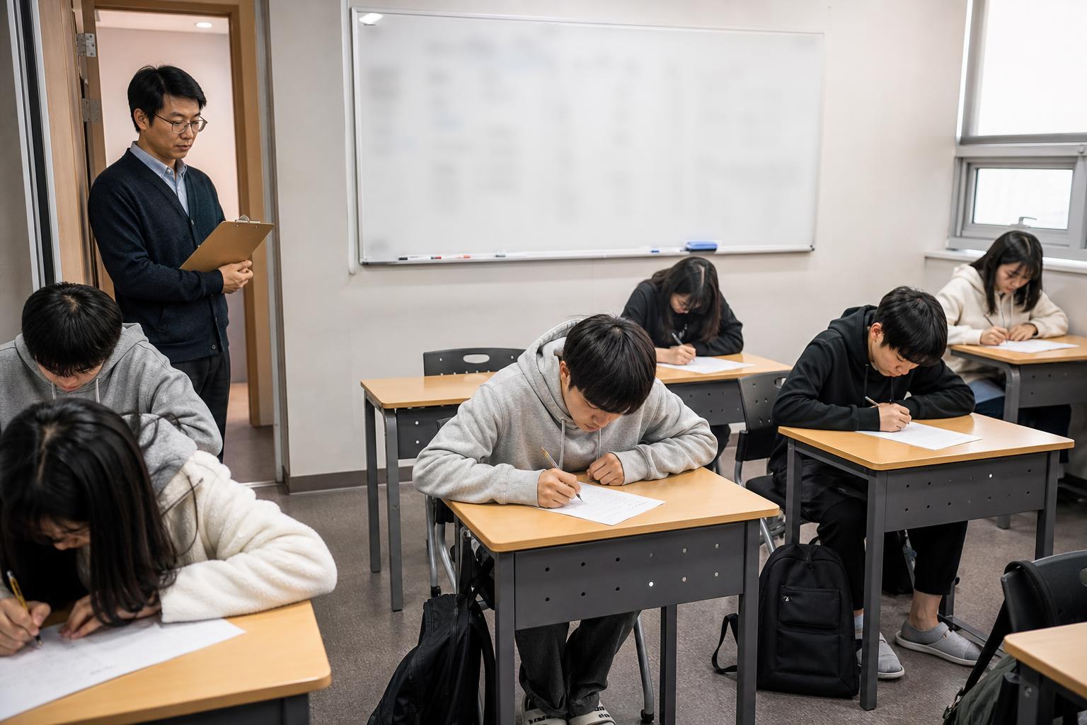 토요일 레벨테스트 교실에서 학생들이 조용히 시험을 보는 학원 실사진형 장면