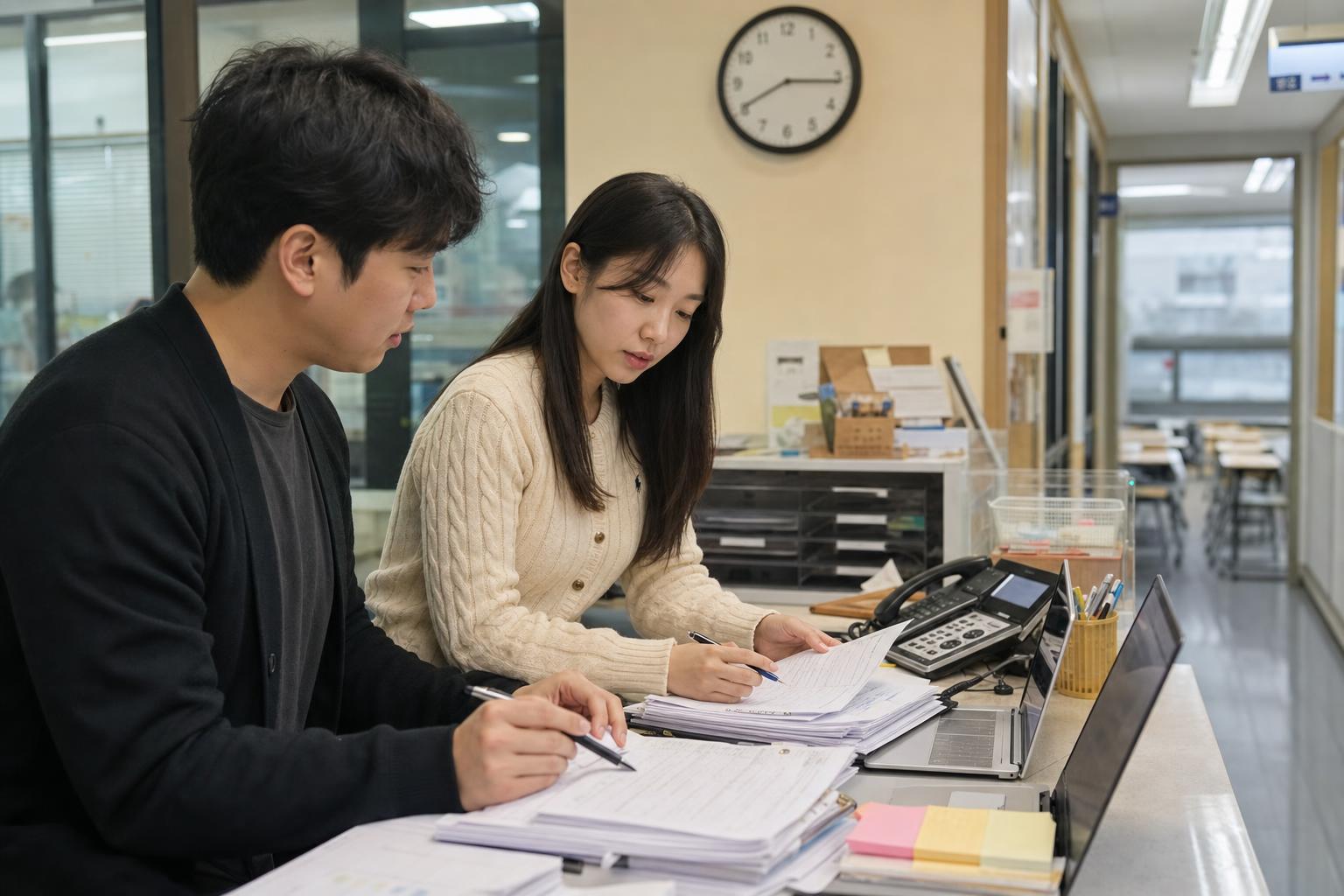 학원 데스크에서 레벨테스트 답안과 상담 후속 연락을 확인하는 실사진형 장면