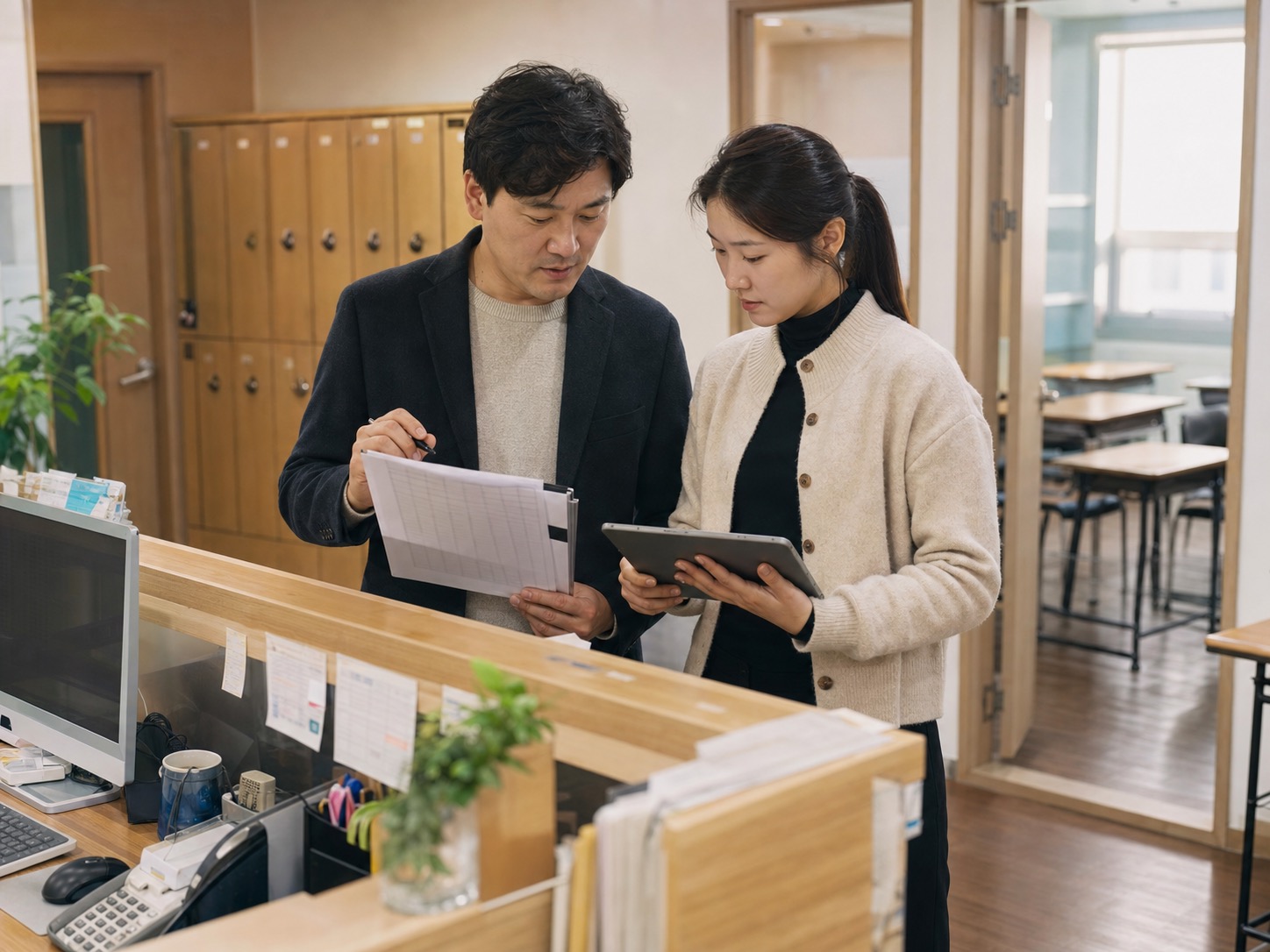 학원 원장과 데스크 매니저가 월말 수납 보류 사유를 함께 확인하는 실사진형 장면