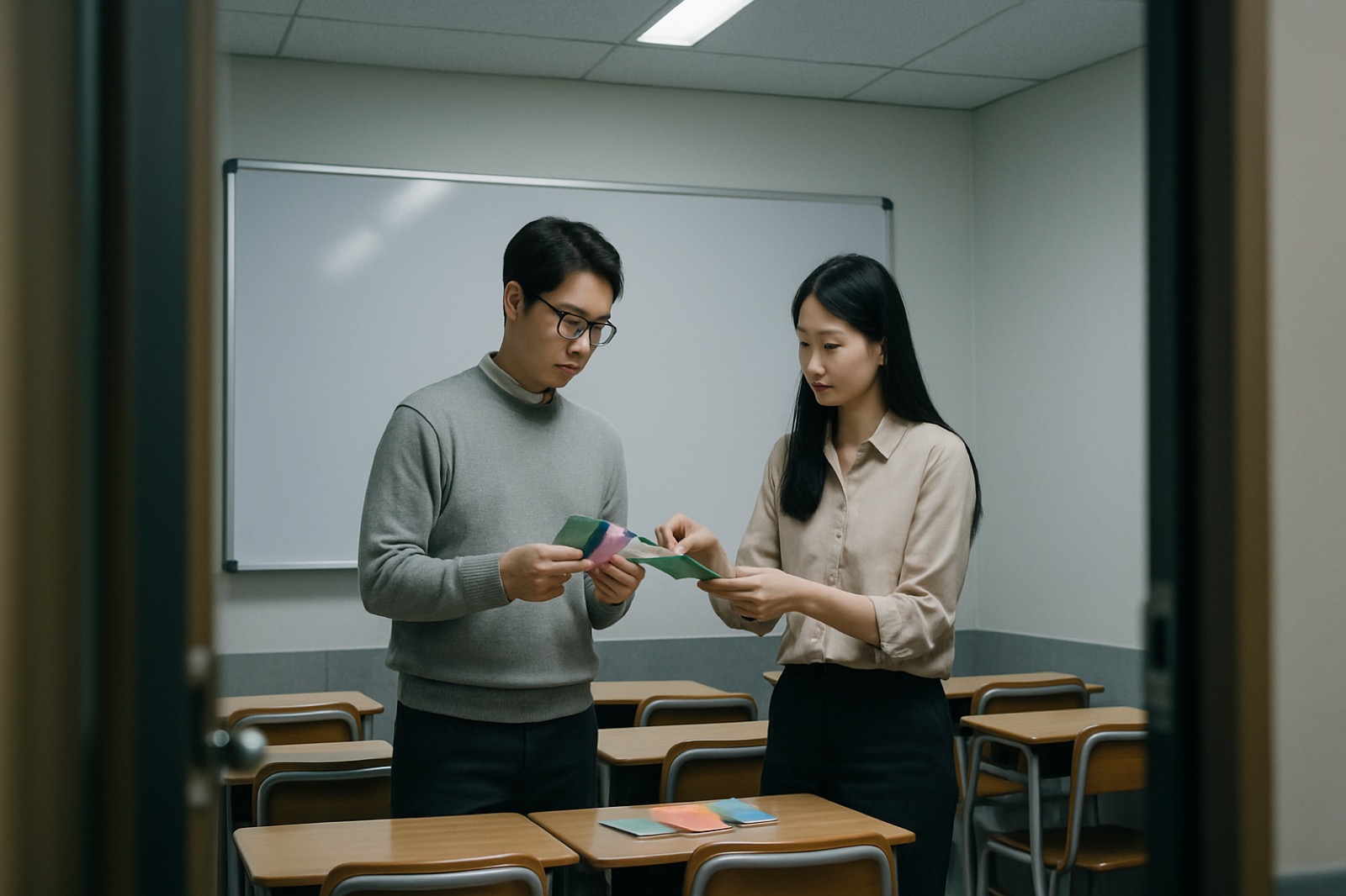 금요일 수업 변경 확인 항목을 교실 앞에서 정리하는 강사 인수인계 장면