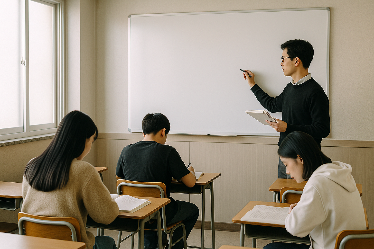 학원 스터디룸에서 교사가 다음 주 보강 좌석과 주말 수업 변동을 점검하는 실사진형 장면