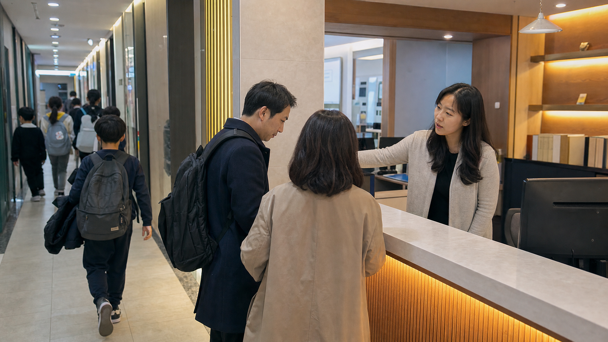 학원 복도 접수대에서 학부모 상담 방문자를 안내하는 한국 교육 현장