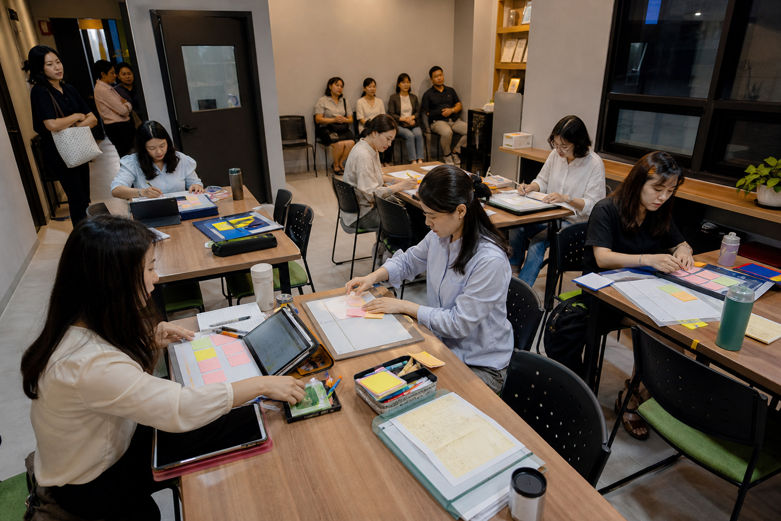 한국 학원 상담 보드를 준비하는 교사와 보호자 대기 공간