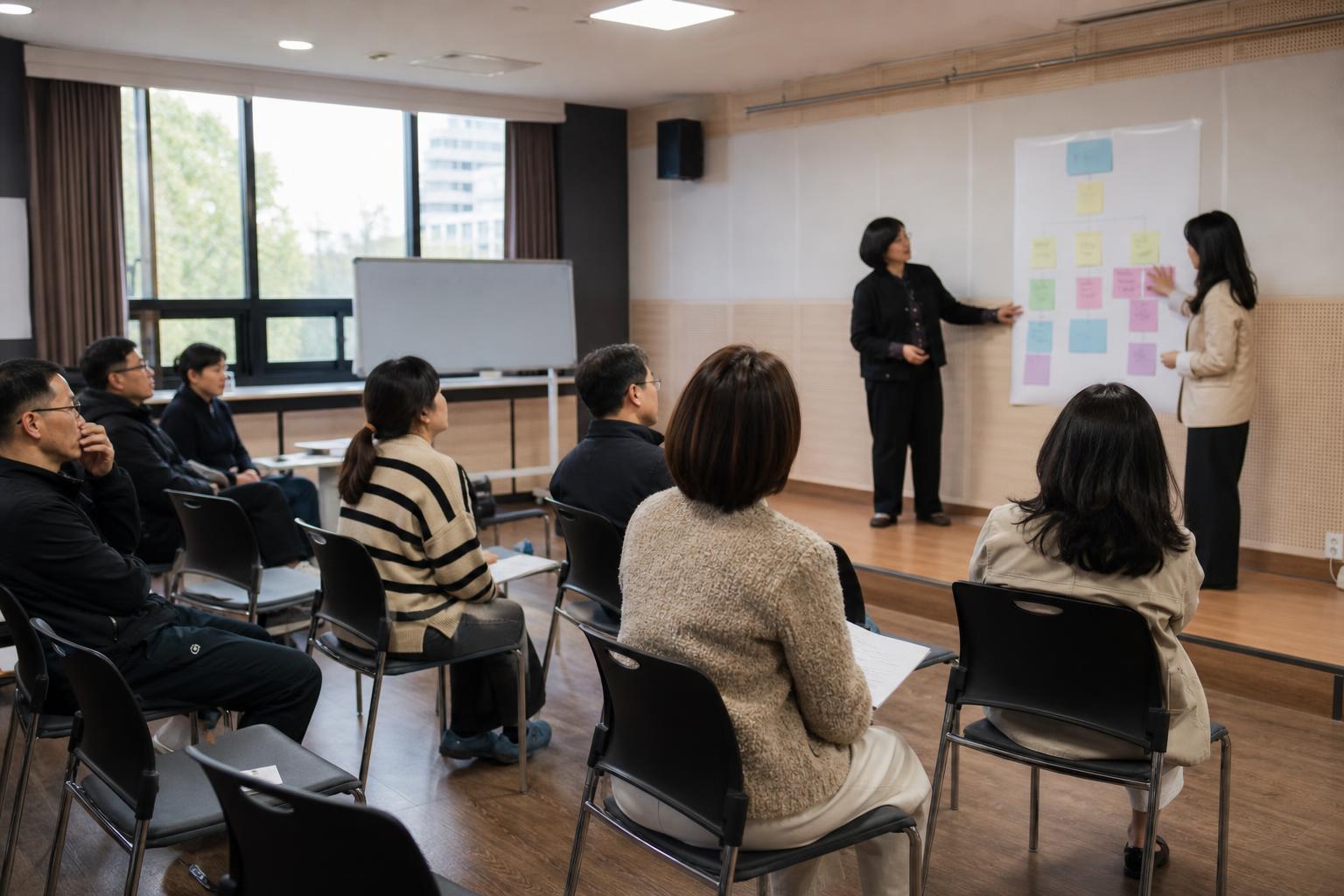 한국 학원 학부모 상담 설명회와 운영 보드 장면