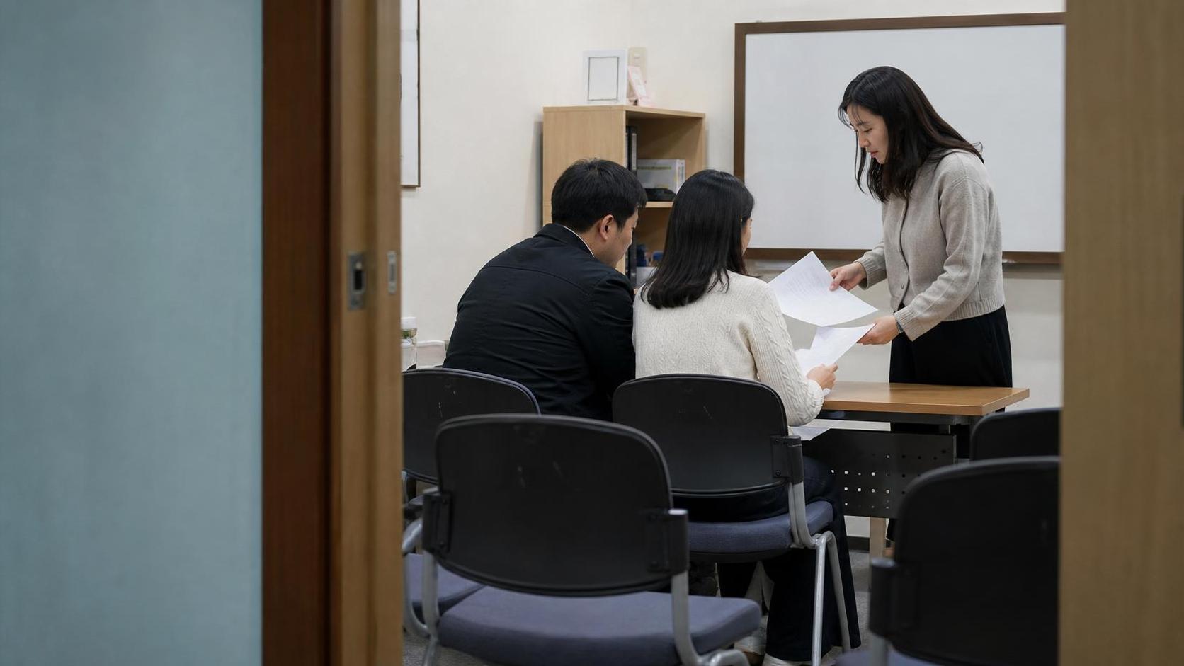 한국 학원 설명회 공간에서 학부모 상담 후속 조치를 점검하는 장면