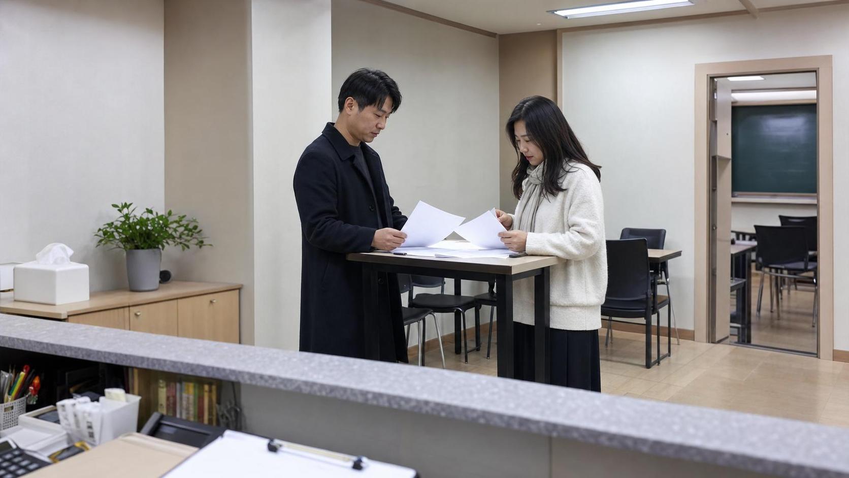 한국 교육기관에서 상담 후 회신 상태를 점검하는 장면