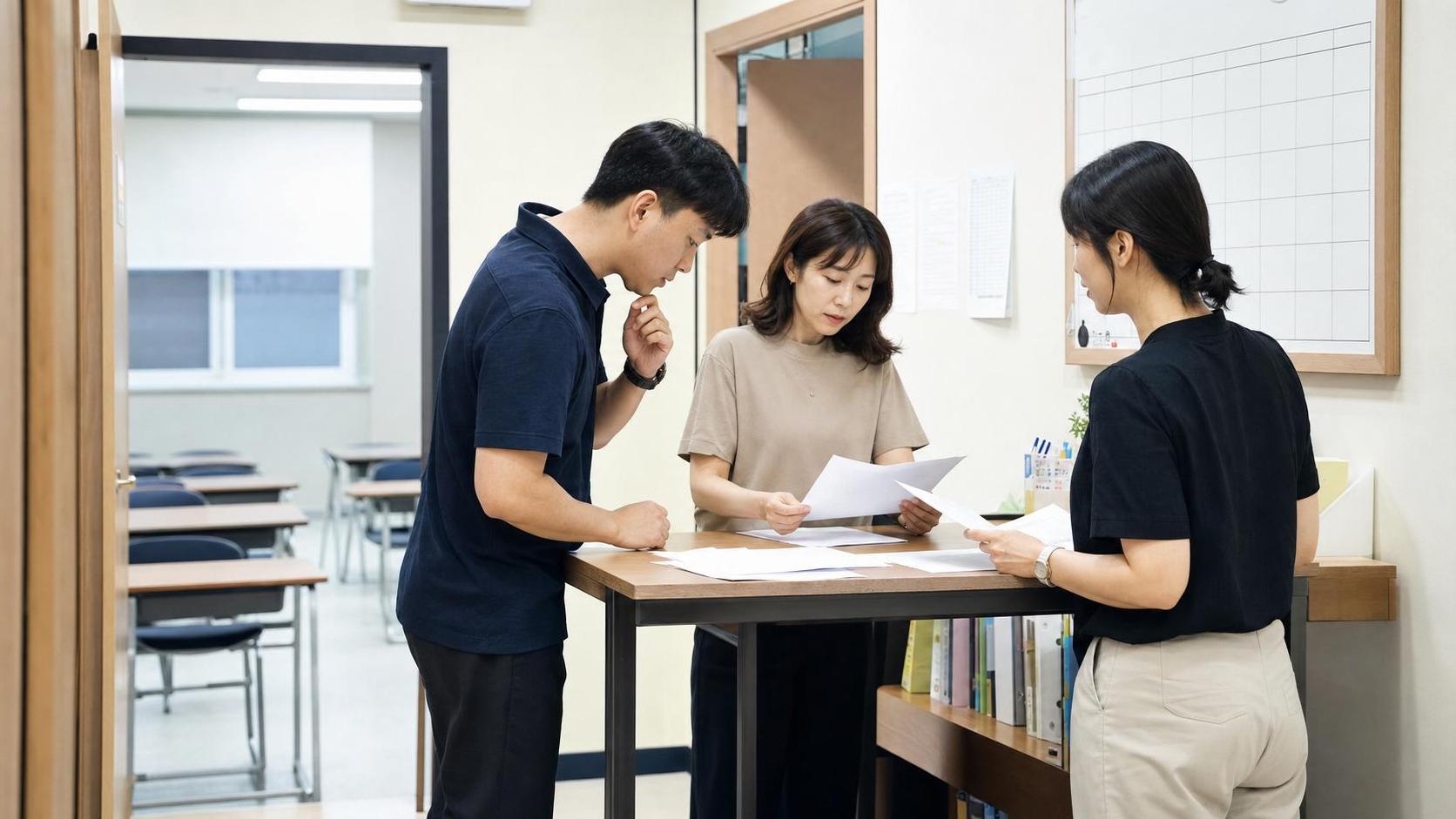 한국 교육기관 브리핑룸에서 학부모 상담 재상담 기준을 논의하는 장면