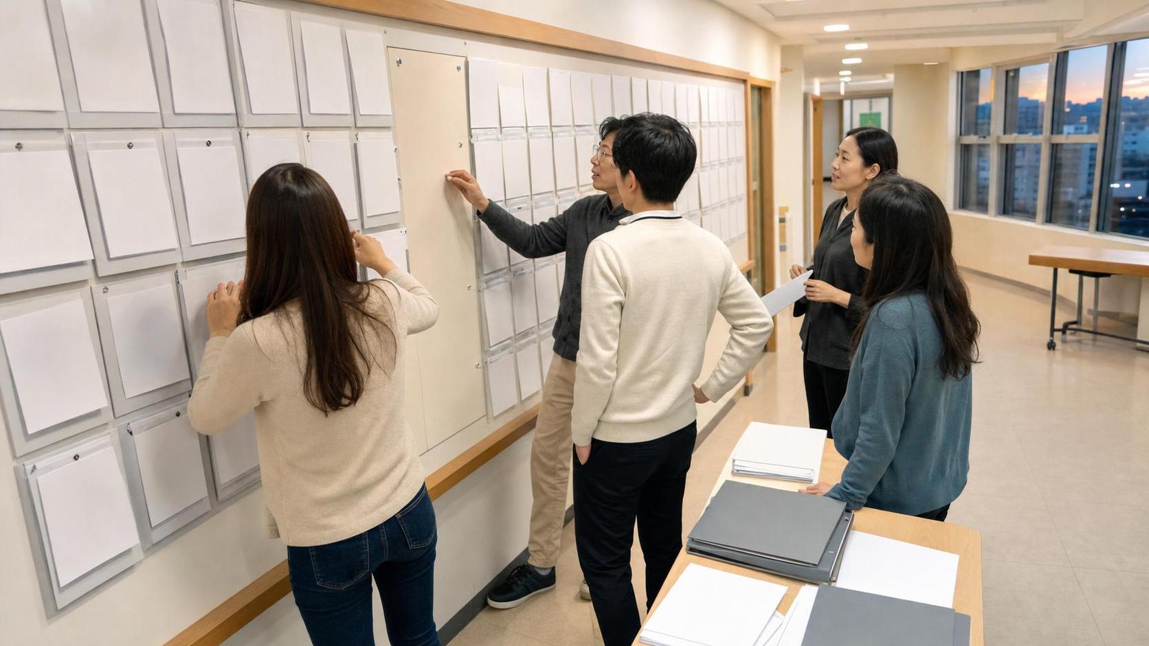 한국 교육기관 브리핑룸에서 상담 후 회신 기준을 공유하는 교직원