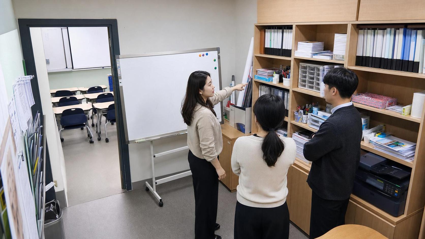 한국 교육기관 자료실에서 상담 보드 상태를 확인하는 교직원