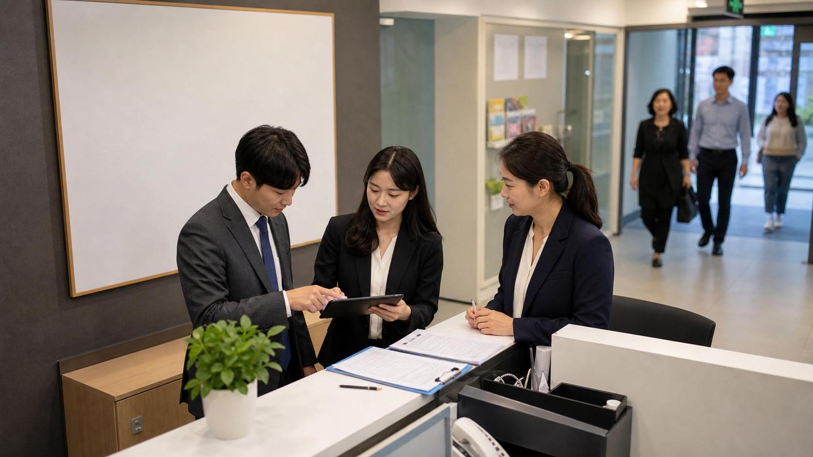 한국 교육기관 프런트에서 상담 신청과 회신 일정을 확인하는 직원