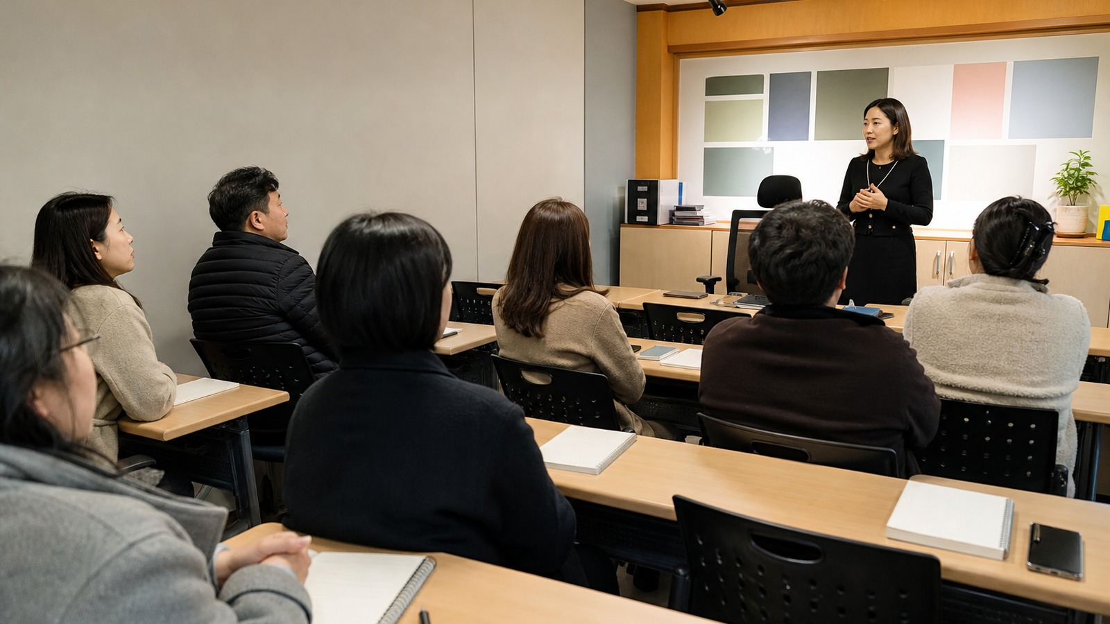 2학기 학부모 상담 안내를 듣는 한국 학부모 briefing 장면