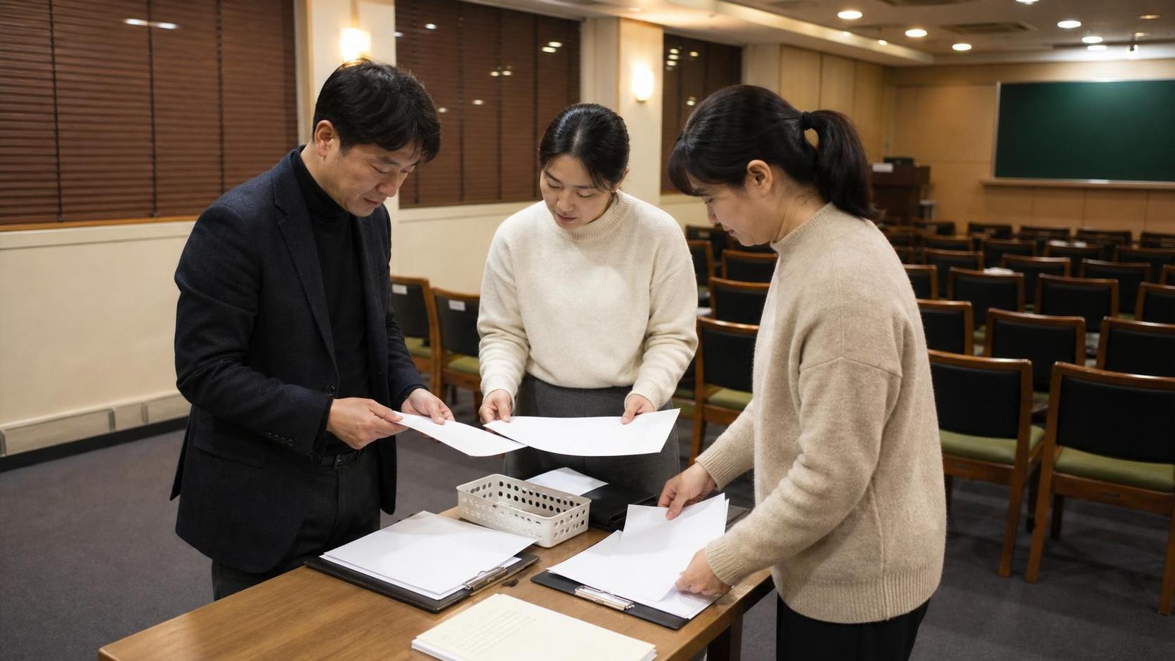 한국 학원 브리핑룸에서 상담 주간 후속 조치를 검토하는 실사진형 넓은 장면