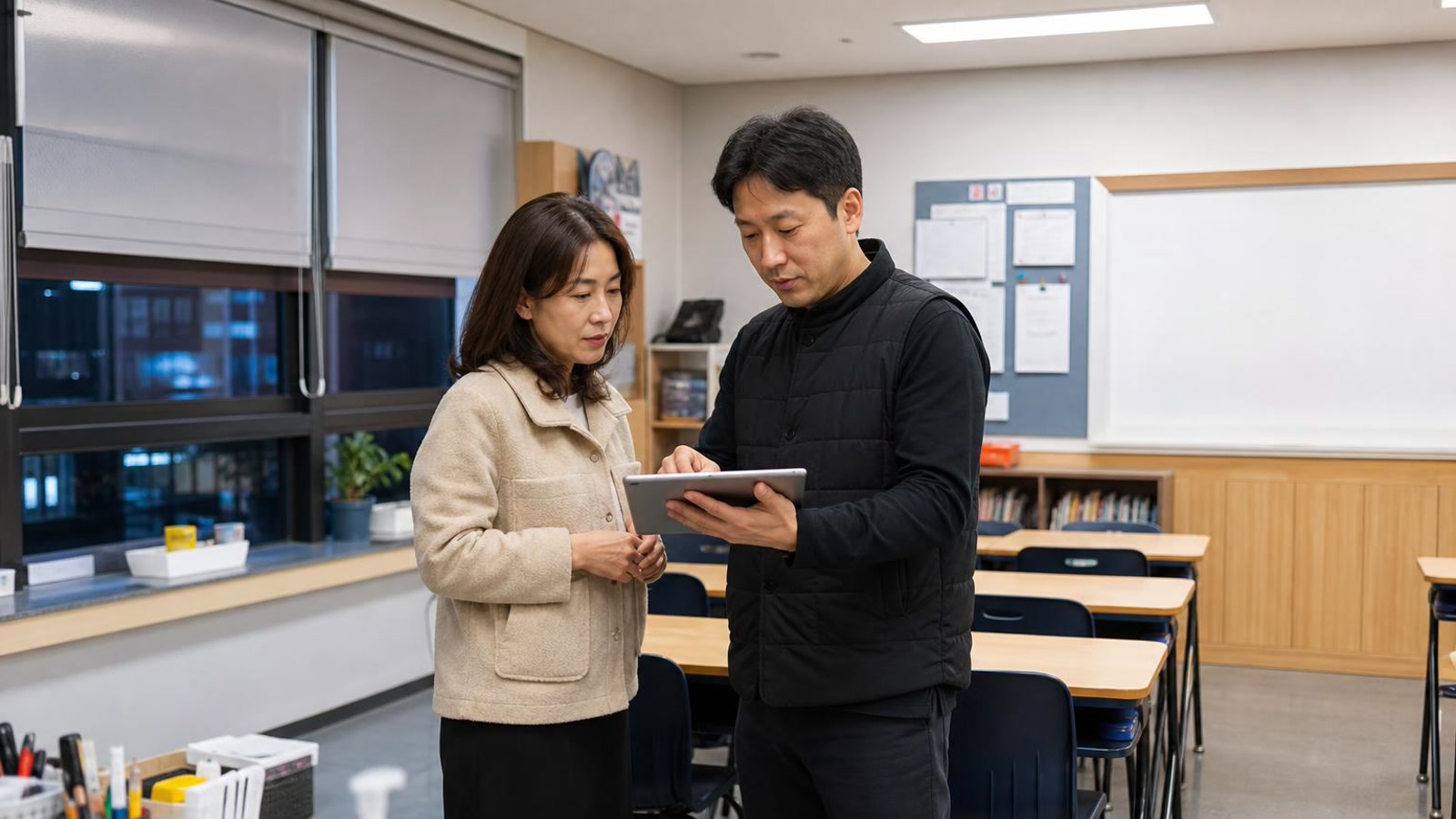 한국 교실에서 학부모 상담 후속 확인을 논의하는 실사진형 넓은 장면