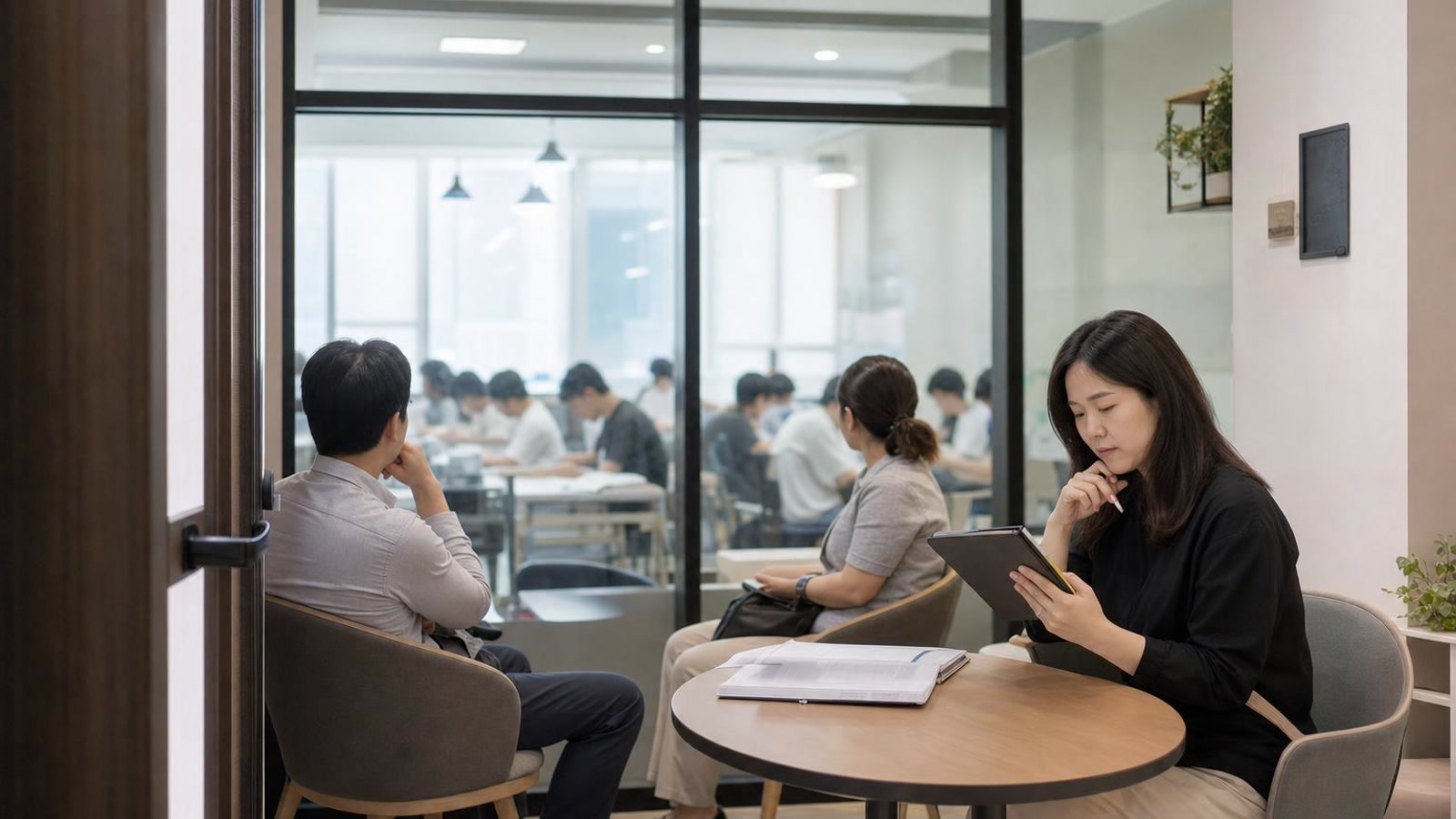 한국 학원 관찰 공간에서 학부모 상담 전 현장 기록을 검토하는 실사진형 넓은 장면