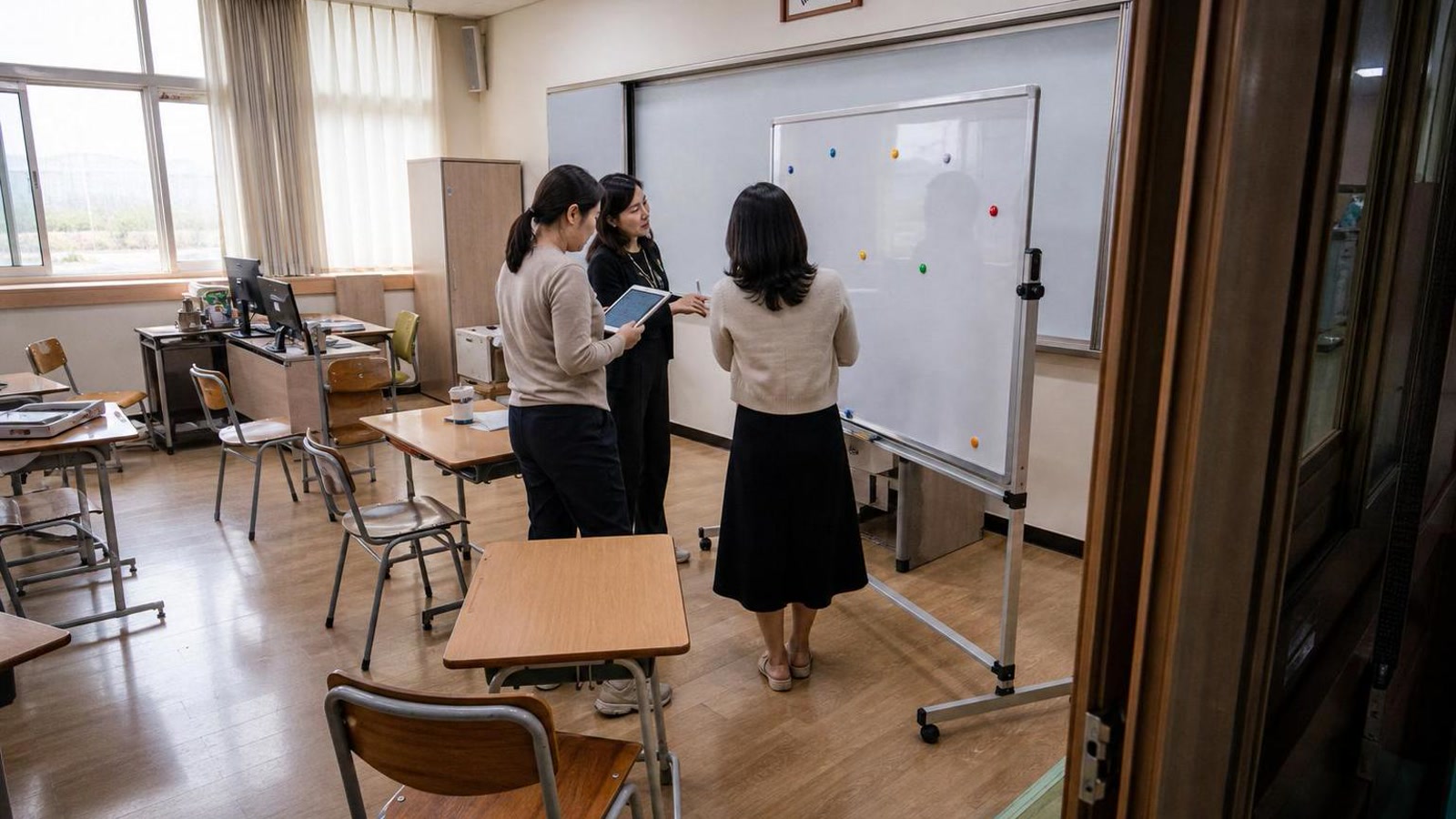 한국 교실에서 교사들이 학부모 상담 후속 회신을 준비하는 실사진형 넓은 장면