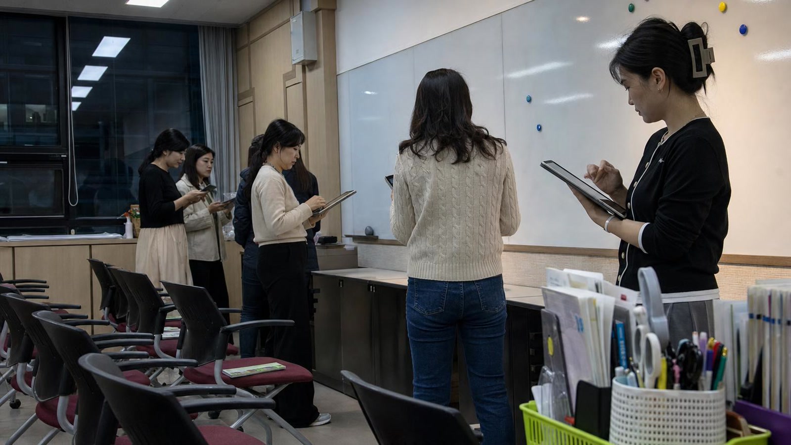 한국 학원 브리핑룸에서 교사들이 학부모 상담 후속 회신을 준비하는 실사진형 넓은 장면