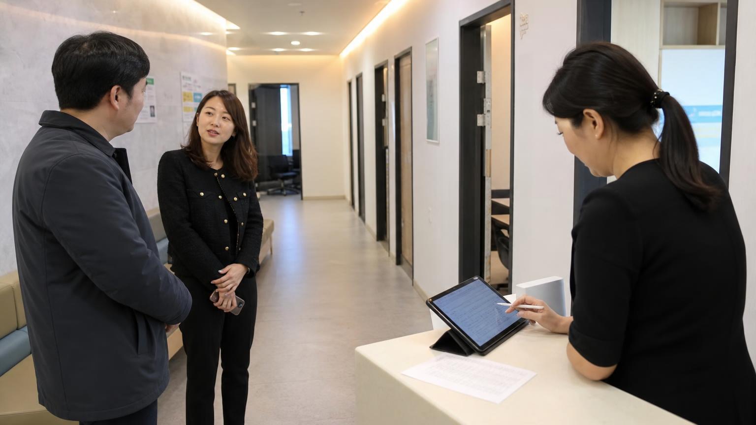 학부모 상담일에 한국 학원 복도에서 상담 일정과 후속 조치를 확인하는 실사진형 장면