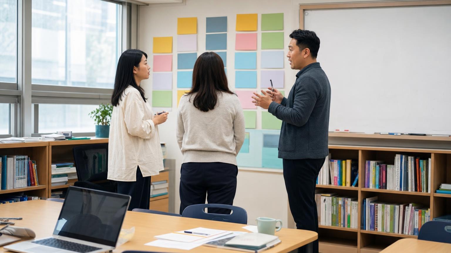 학부모 상담 주간 뒤 한국 학원 교실에서 후속 조치를 회의하는 실사진형 장면