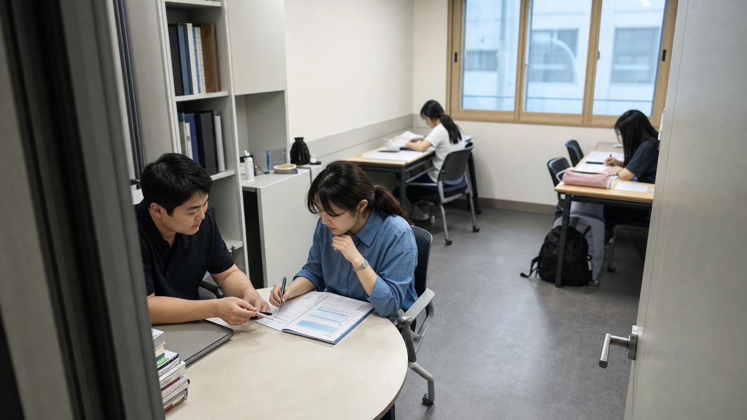학부모 상담 후속 일정을 한국 학원 스터디룸에서 확인하는 실사진