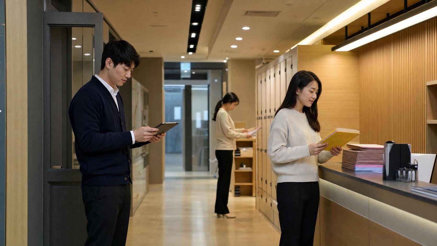 한국 학원 복도와 리셉션에서 상담 주간 자료 권한을 점검하는 실사진형 넓은 장면