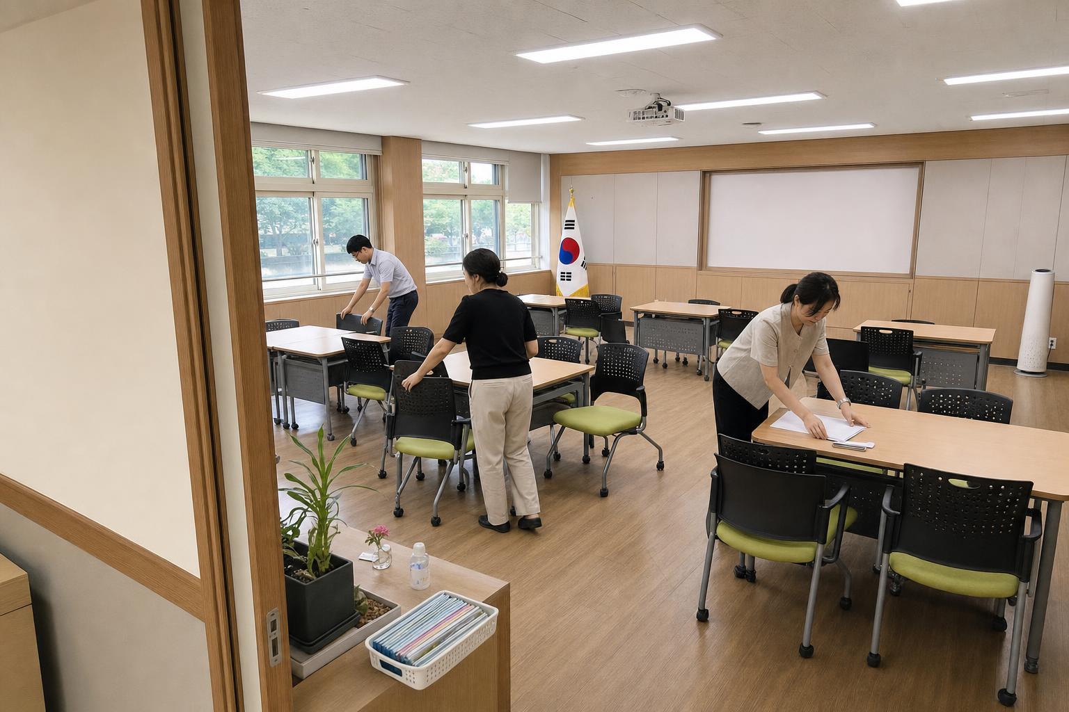 한국 학원 브리핑룸에서 학부모 상담 좌석과 자료를 준비하는 실사진형 넓은 장면