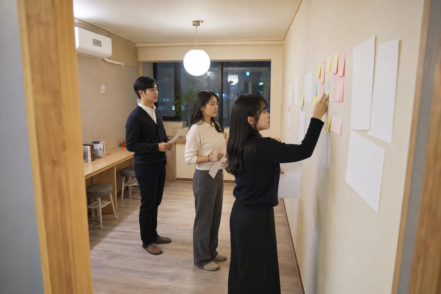 한국 학원 브리핑룸에서 교사들이 학부모 상담 후 운영표를 점검하는 실사진형 넓은 장면