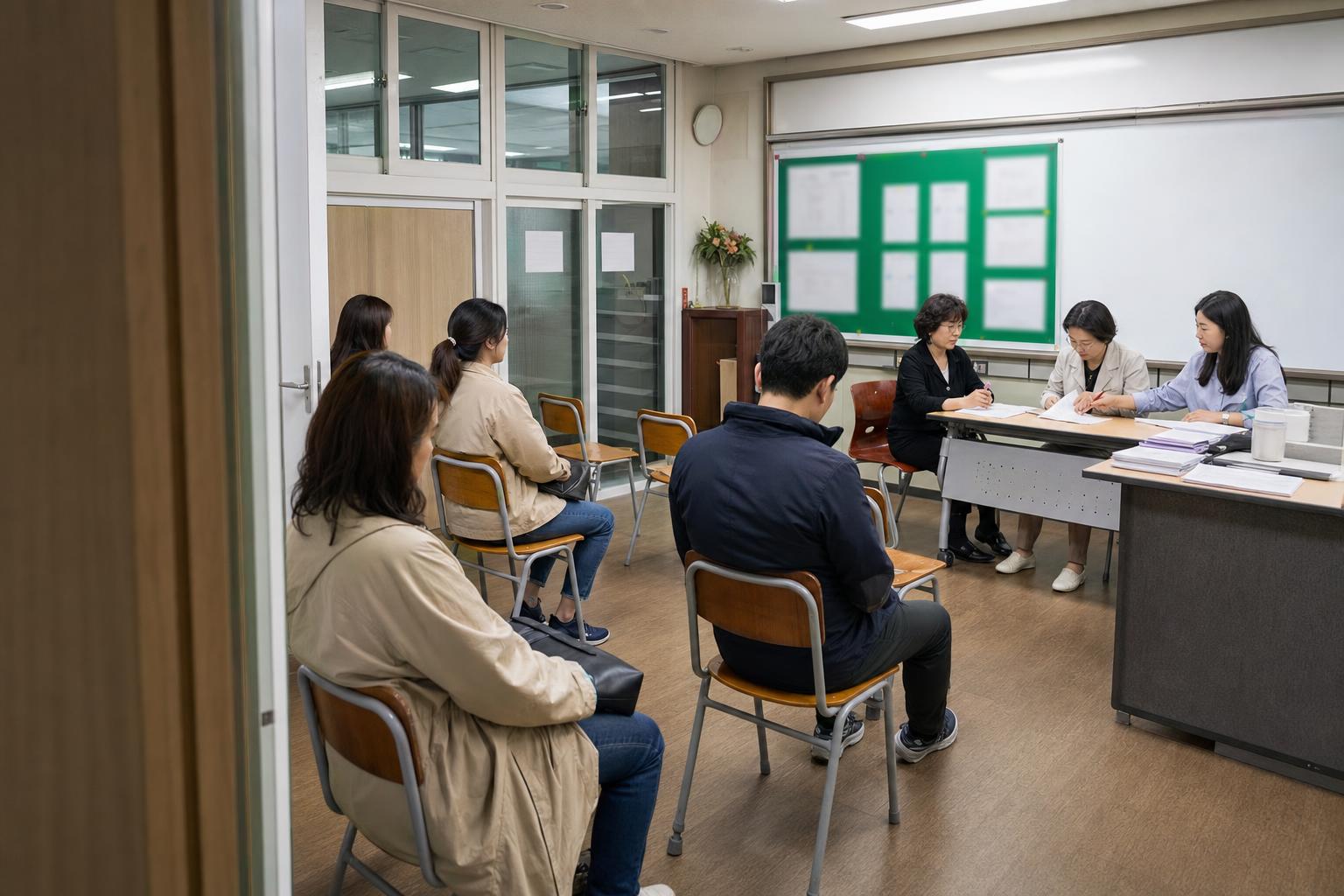 한국 학원 브리핑룸에서 학부모 상담 순서를 운영하는 실사진형 넓은 장면
