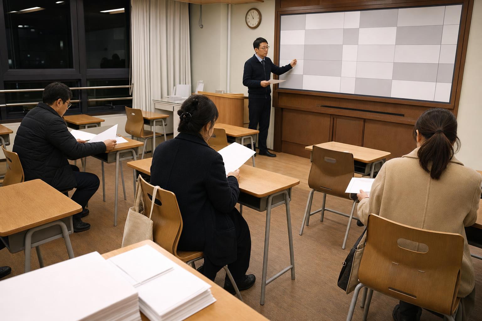 한국 고등학교 학원 강의실에서 2학기 학부모 상담 흐름을 공유하는 실사진형 장면