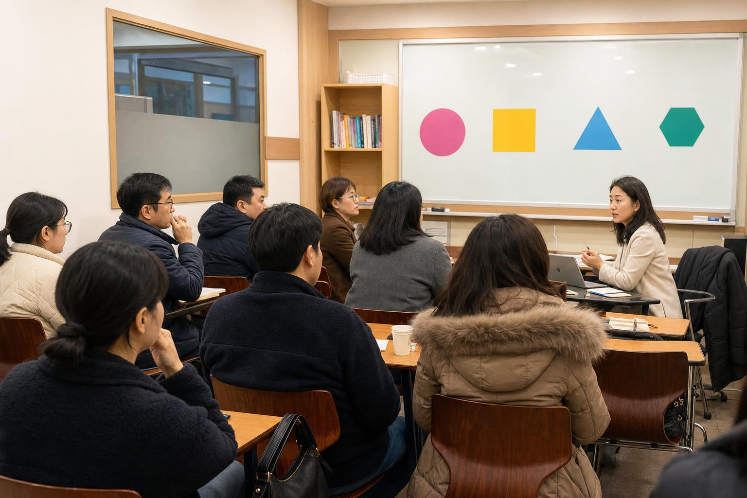 한국 학원 브리핑룸에서 학부모 상담 후속 회신 기준을 공유하는 실사진형 장면