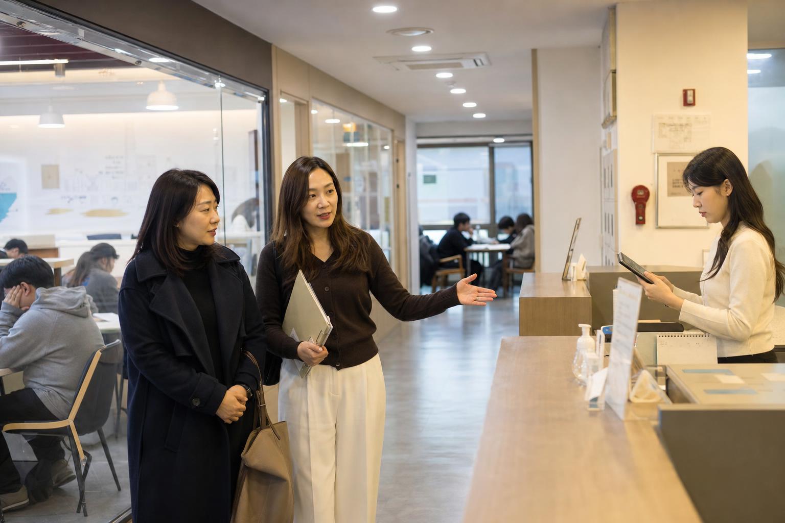 상담 후 보호자 안내와 데스크 후속 업무가 이어지는 한국 학원 현장