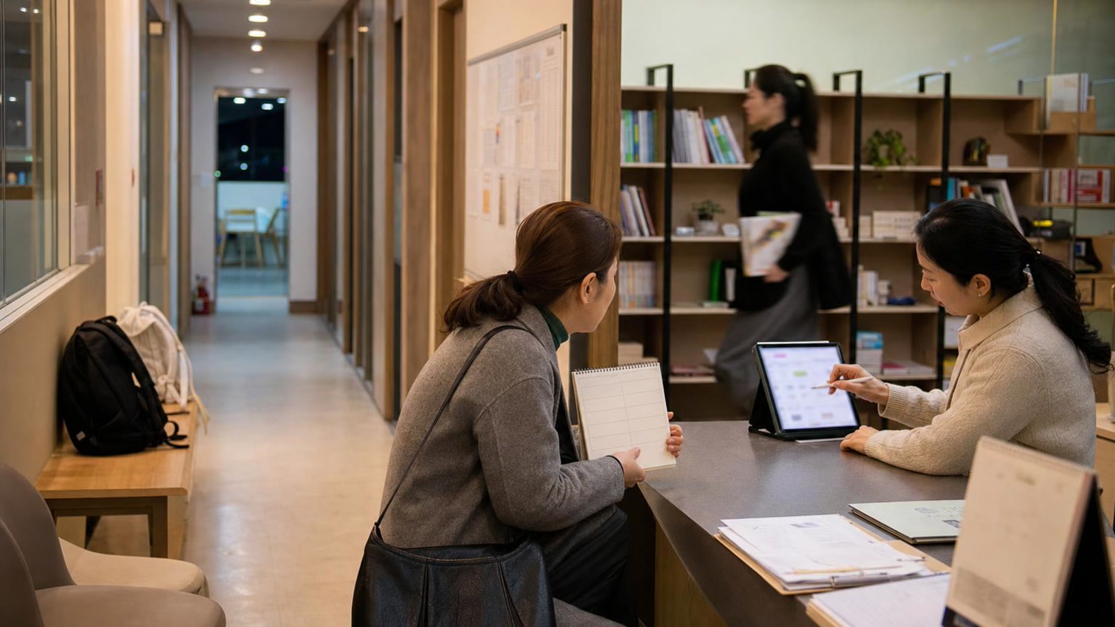 한국 학원 접수 공간에서 보호자와 직원이 상담 일정과 회신 상태를 확인하는 실사진형 넓은 장면
