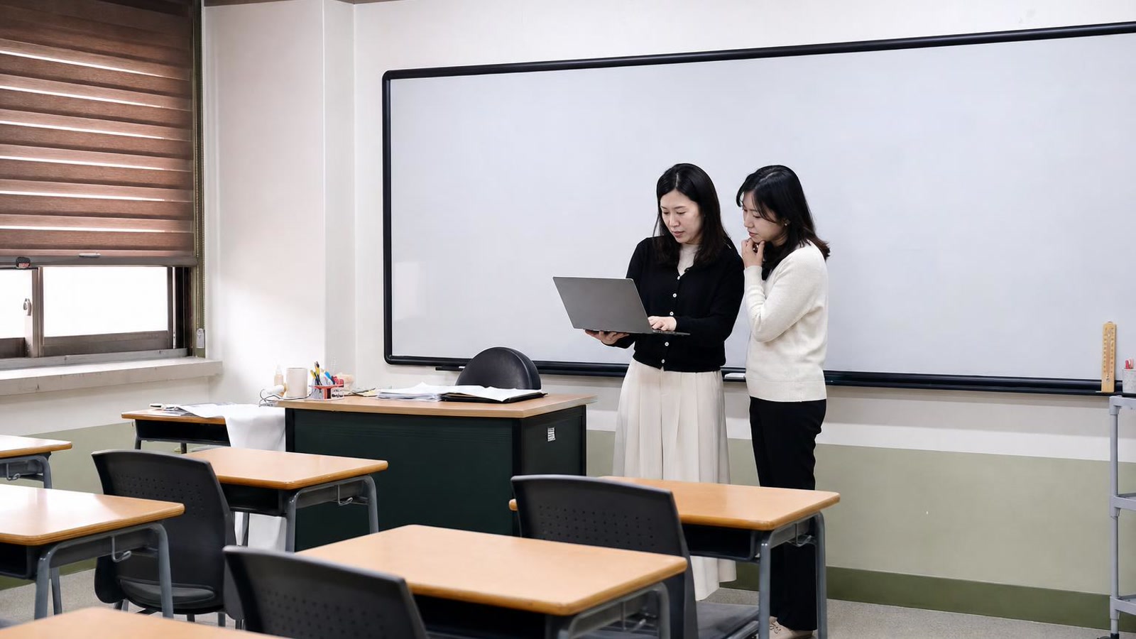 한국 교실에서 학부모 상담 주간을 준비하는 교사들의 실사진형 넓은 장면