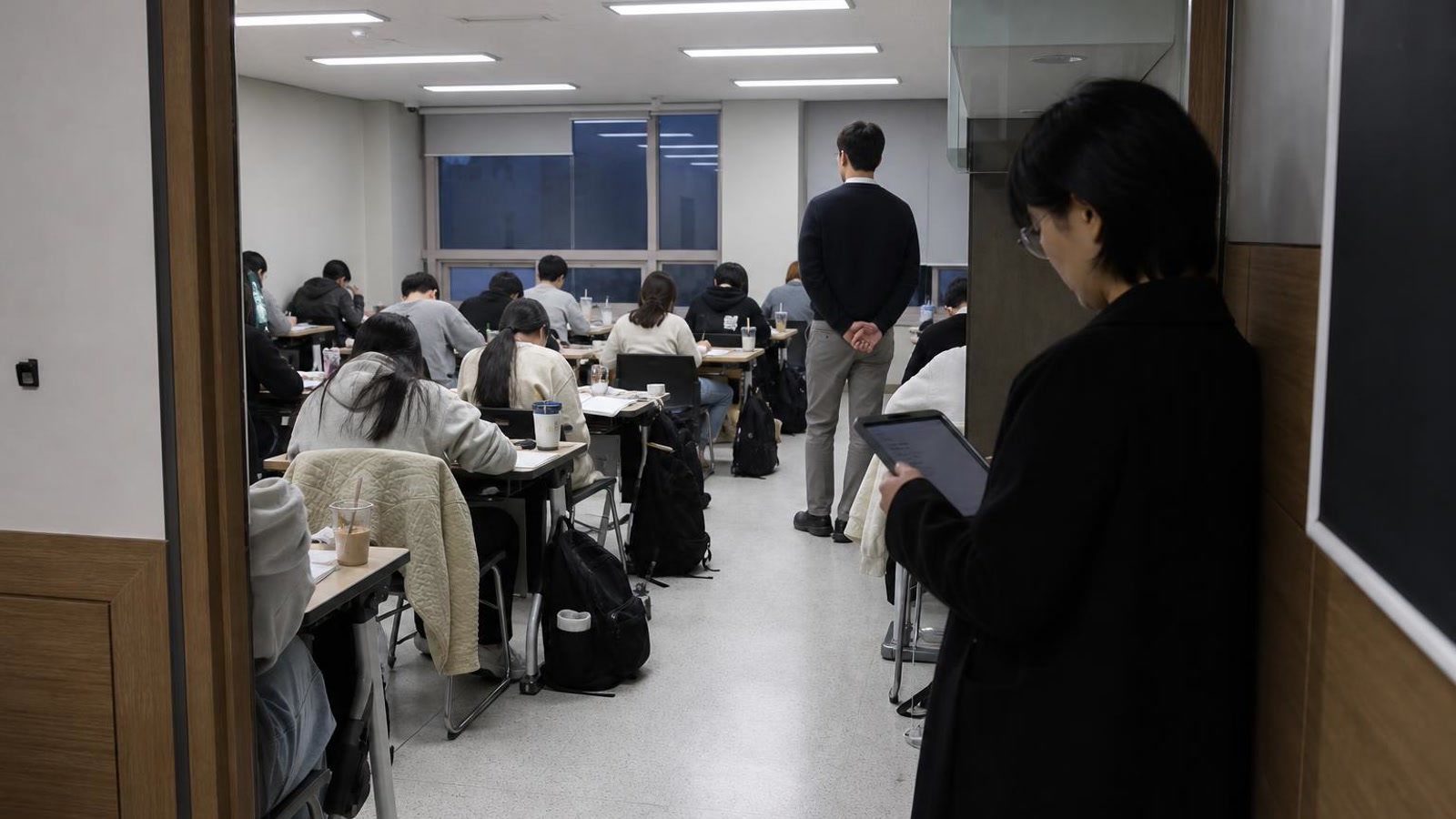 한국 스터디룸에서 학부모 상담 뒤 학생 변화를 관찰하는 실사진형 넓은 장면