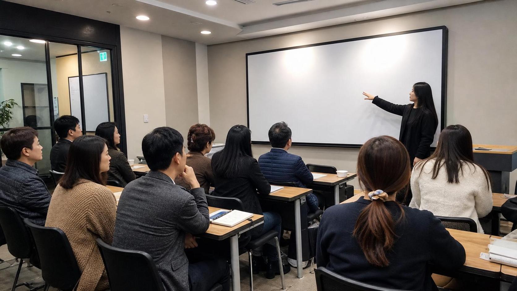 2학기 학부모 상담 설명회에서 한국 학부모와 학원 직원이 일정을 확인하는 실제 사진