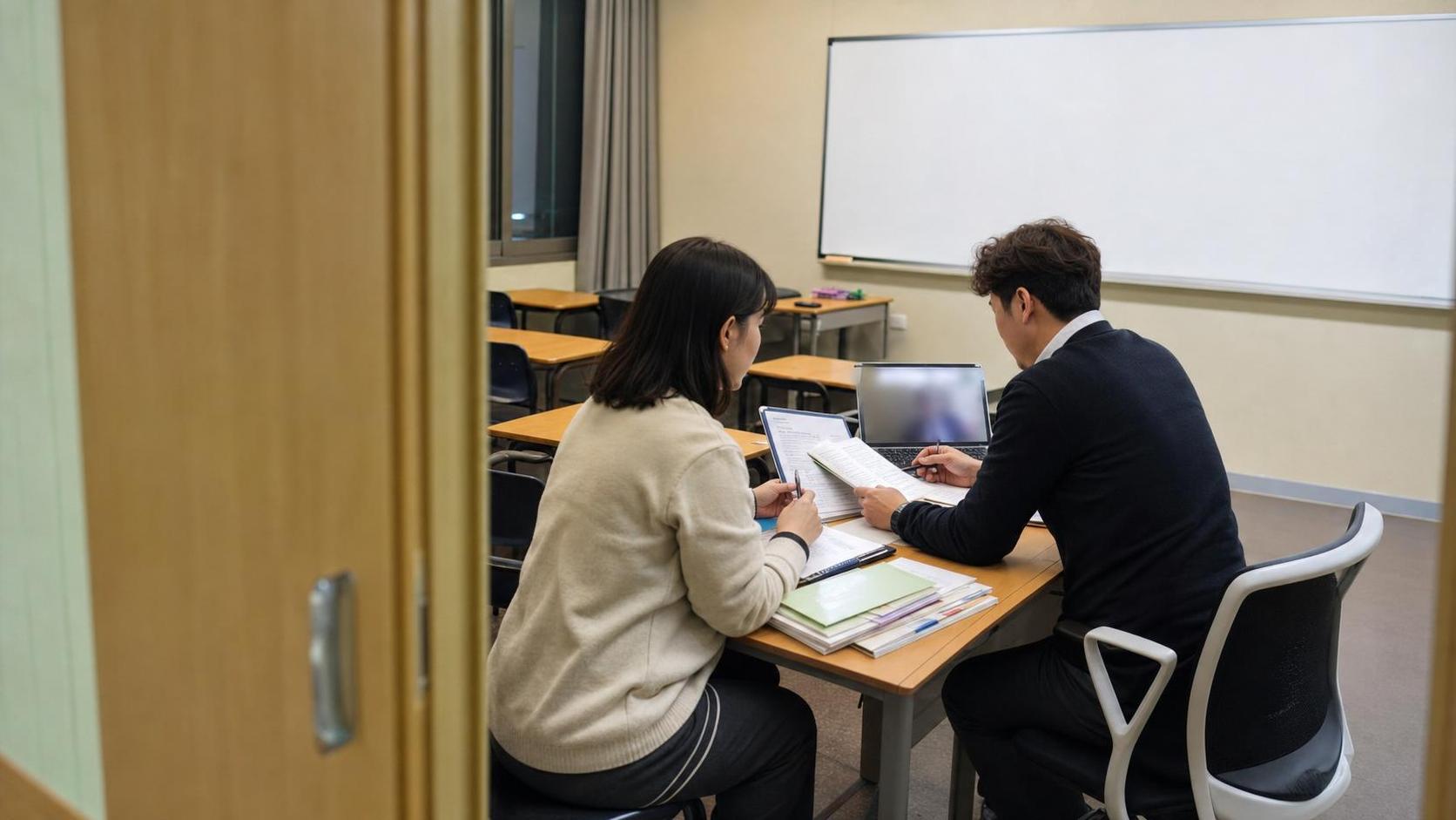 고등학교 학부모 상담 준비를 위해 한국 학원 교사와 원장이 자료를 확인하는 실제 사진