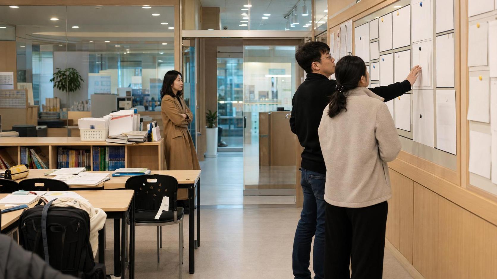 학부모 상담 후속 회신 마감을 점검하는 한국 학원 직원들의 실제 사진