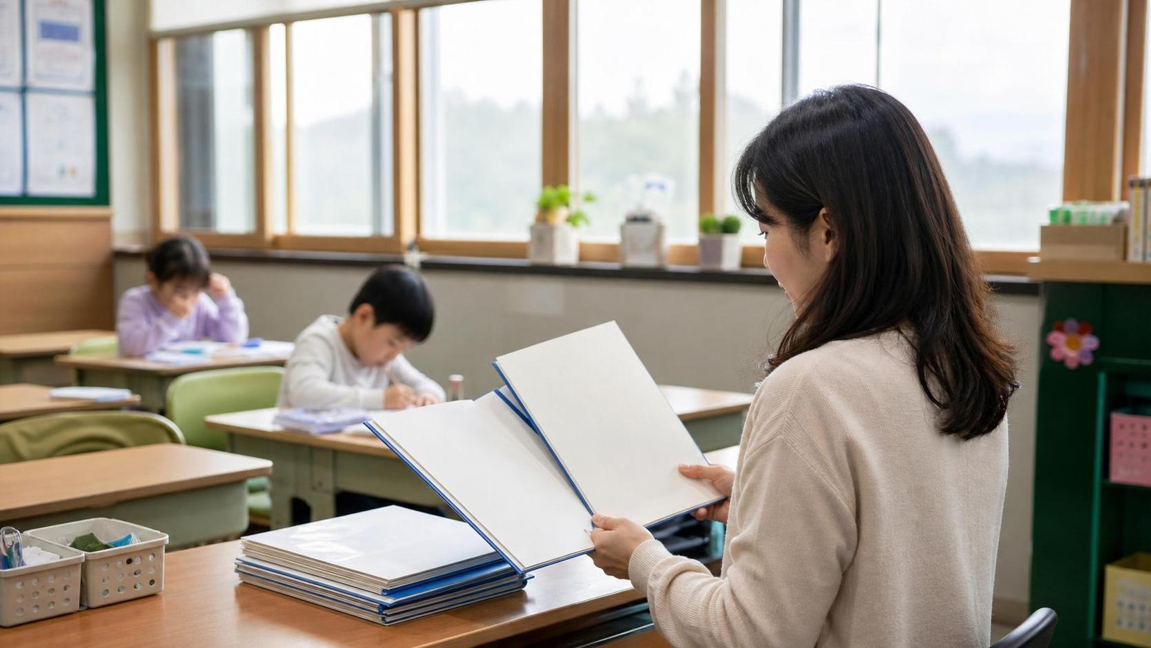 학부모 상담 준비를 위해 교실 기록을 검토하는 한국 교사 실제 사진