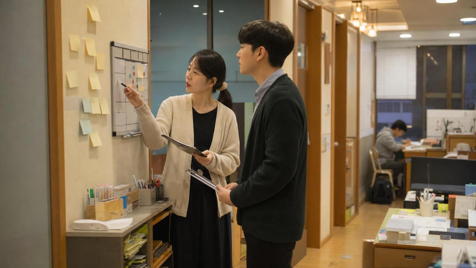 학부모 상담 후속 회신을 점검하는 한국 학원 운영팀 실제 사진