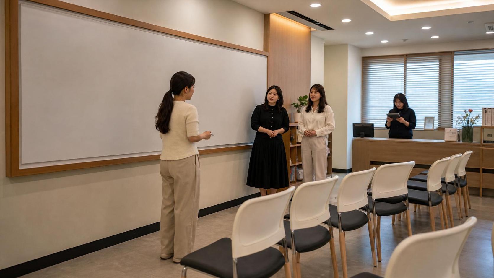 학부모 상담 후속 회신 흐름을 점검하는 한국 학원 교실 사진