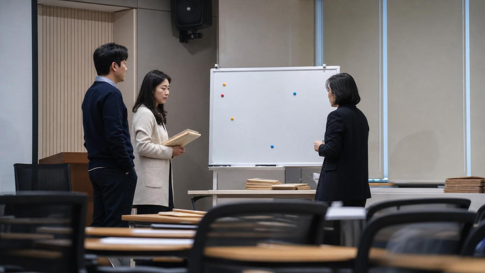 학부모 면담 후 실행 항목을 점검하는 한국 학원 브리핑룸 사진