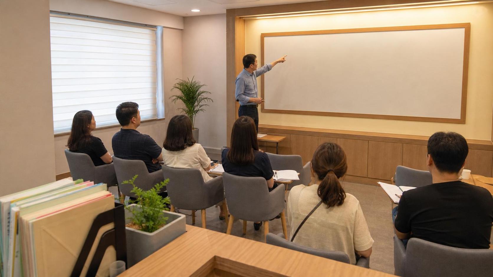 2학기 학부모 상담 준비를 위해 한국 학원 설명회 공간을 확인하는 실제 사진