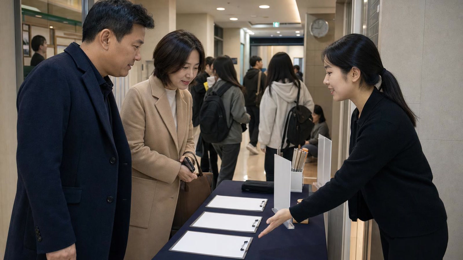 한국 학원 복도에서 학부모 상담 체크인을 안내하는 현실적인 사진